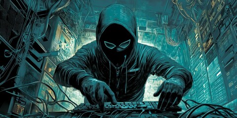 Canvas Print - Hooded figure hacking in a dark room.