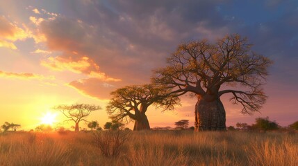 Poster - Majestic baobab trees silhouetted against a vibrant sunset sky.