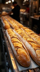 Baguettes are fresh out of the oven, baking to a perfect golden brown in a bustling bakery kitchen.