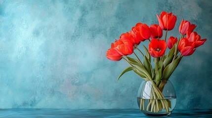 Poster - Red Tulips in a Glass Vase on a Blue Background