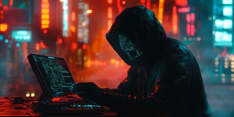 Canvas Print - Hooded figure coding on laptop in neon city.