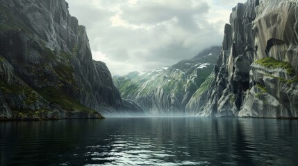 Wall Mural - Majestic mountain cliffs framing a calm, still lake.