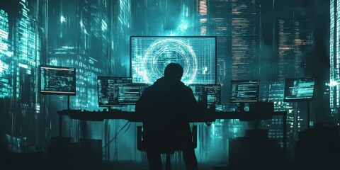 Wall Mural - A hacker sits at a computer with code on the