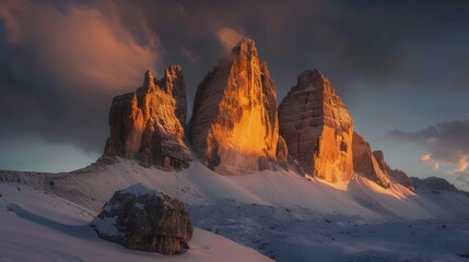 Wall Mural - Majestic mountain peaks bathed in golden sunset light.