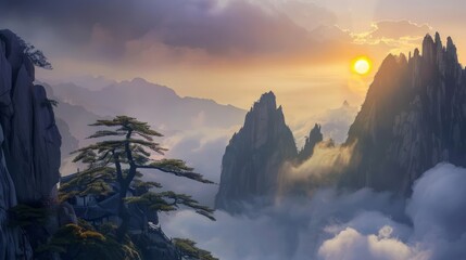 Wall Mural - Majestic mountain peaks pierce through a sea of clouds at sunrise.