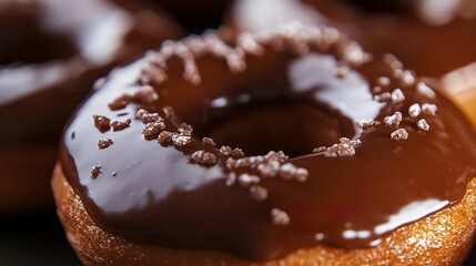 a delicious chocolate doughnut on plate against blurred background