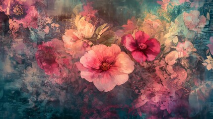 Wall Mural - Abstract blooming art with seamless floral patterns. Grunge textured art with flowers and plants in a watercolor style.