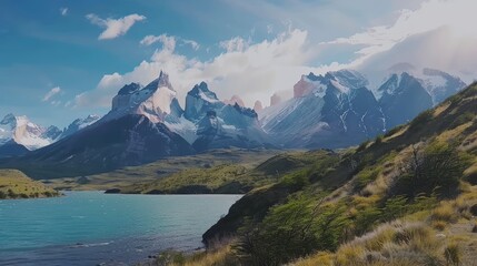 Sticker - Majestic mountain range with snow-capped peaks and a turquoise lake in the foreground.