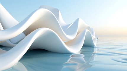 Abstract wavy white sculptures float on calm, reflective water with a clear sky Created with Generative AI.