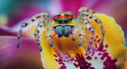 Wall Mural - A close-up of an exotic jumping spider, its legs and exoskeleton adorned with intricate patterns in shades of reds, yellows, and greens