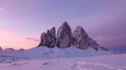 Canvas Print - Majestic snow-capped mountains bathed in the soft glow of a purple sunrise.