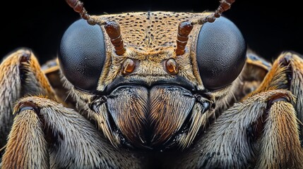 Wall Mural - Captured in stunning detail, this extreme macro photograph presents the intricate features of the common cockchafer, revealing its magnified eyes against a contrasting dark backdrop. 