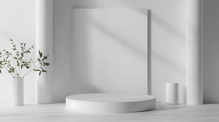 Wall Mural - Minimalist White Room with Round Pedestal and Plant