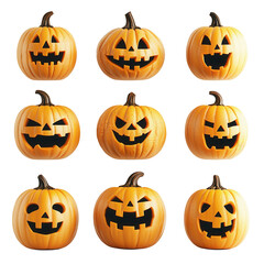 Set of nine carved Halloween pumpkins with various spooky and fun expressions, isolated on a white background.