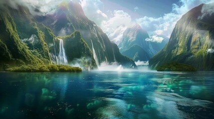 Sticker - Majestic waterfalls cascade down lush green mountains, creating a tranquil scene on a calm lake.