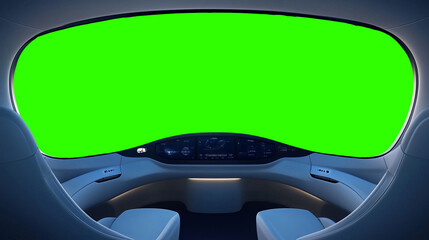 futuristic spaceship cockpit pilot view with green screen for compositing, advanced control panels, 