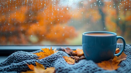 a warm cup of coffee sits on a knitted blanket, surrounded by autumn leaves, creating a cozy atmosph