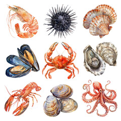 Sticker - PNG watercolor seafood element set, transparent background