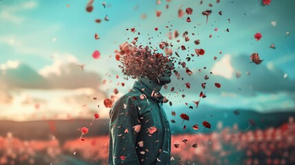 Poster - Man with flower petals falling from his head, surrounded by a field of flowers.