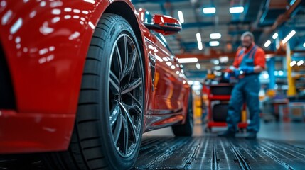 Aufkleber - A man in a blue jumpsuit is working on a red car