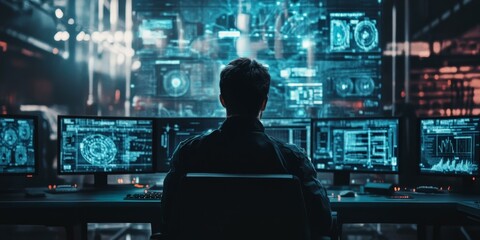 Silhouette of a person working on multiple computer monitors.