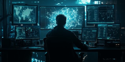 Hacker in dark room using multiple computers.