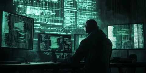 Canvas Print - A hacker in a dark room works on multiple computer