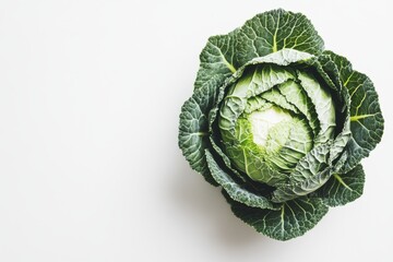 Wall Mural - White background with crumpled leaves of a fresh green cabbage head.