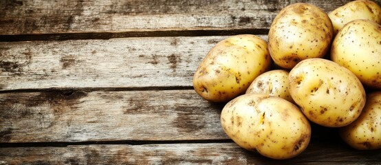 An agricultural setting suitable for vegans with an image of fresh organic young potatoes on a wooden background