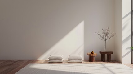 Poster - Minimalist zen room with natural light, wooden floor, two cushions and side tables.