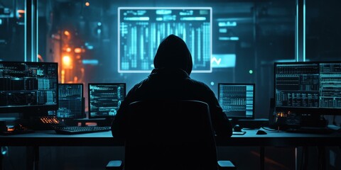 Wall Mural - Hooded figure in dark room working at multiple computers.