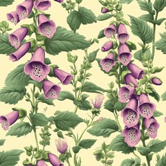 Wall Mural - Vintage retro style foxglove pattern on vintage page background, seamless repeating pattern, minimal pattern foxglove, vintage flowers, retro floral, seamless design, wallpaper, textiles