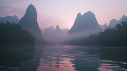 Wall Mural - Misty mountain silhouettes reflected in calm river water at dawn.