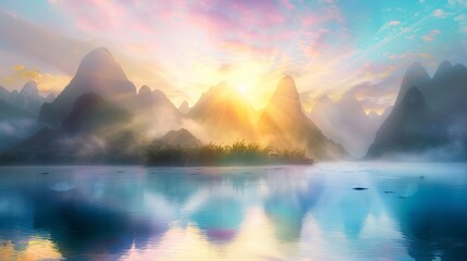 Poster - Misty mountain sunrise reflecting in a tranquil lake.