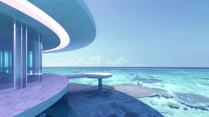 Poster - Modern architecture extending over turquoise water with a view of coral reefs.