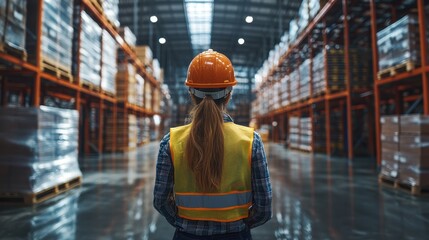 Wall Mural - Female Worker in Safety Gear Observing Inventory in a Large Modern Warehouse with High Shelves and Industrial Lighting