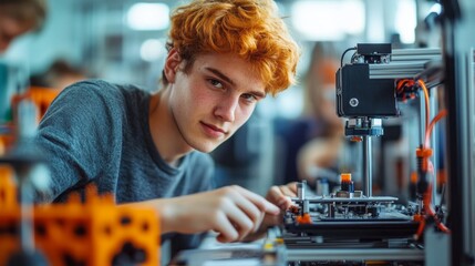 Poster - A young man is working on a machine in a workshop
