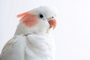 A close-up of a white cockatoo with soft pink accents on its cheeks, looking serene against a white, minimal background
