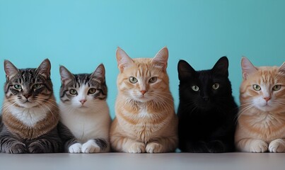 Variety of Feline Friends Gathered Together in Peaceful Pastel Backdrop