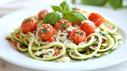 Plate of zoodles zucchini noodles topped with cherry tomatoes basil and a sprinkle of parmesan cheese served on a white plate