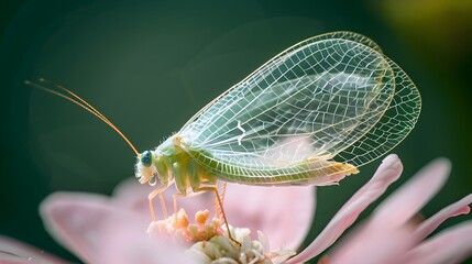 Wall Mural - Delicate Lacewing Perched on Vibrant Flower Petal with Ethereal Transparent Wings