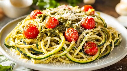 Plate of zoodles zucchini noodles topped with pesto sauce cherry tomatoes and parmesan served on a white plate