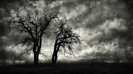 Poster - A moody black and white grunge landscape with barren trees silhouetted against a stormy sky, rough textures, and dark, ominous clouds adding to the eerie atmosphere.