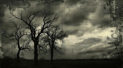 Poster - A moody black and white grunge landscape with barren trees silhouetted against a stormy sky, rough textures, and dark, ominous clouds adding to the eerie atmosphere.