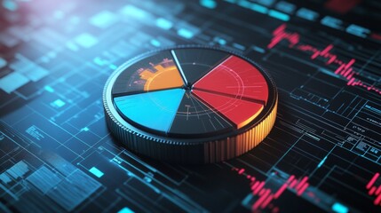 Poster - A 3D pie chart with metallic textures, each segment labeled with percentages, set on a high-tech digital interface background, emphasizing precision and accuracy.