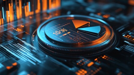 Aufkleber - A 3D pie chart with metallic textures, each segment labeled with percentages, set on a high-tech digital interface background, emphasizing precision and accuracy.