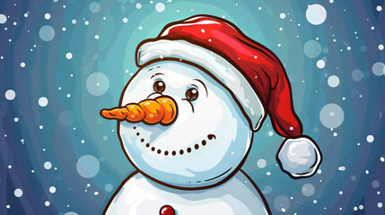 Poster - Happy snowman wearing a santa hat stands in a snowy scene, radiating winter and christmas cheer