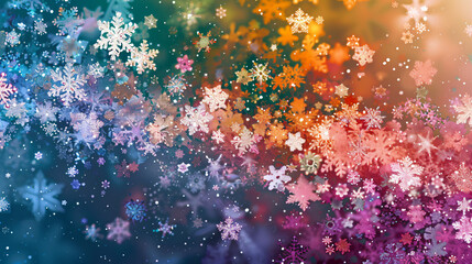 Poster - Vibrant snowflakes cascade onto a colorful backdrop, evoking a festive holiday ambiance