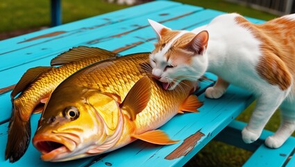 Poster - The cat wants to eat the newly caught fish