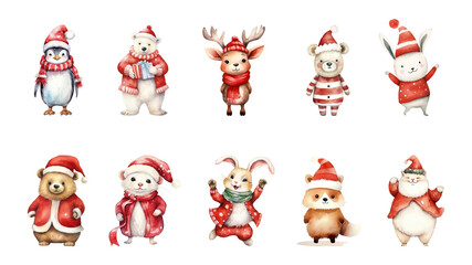 Wall Mural - PNG watercolor Christmas animal character element set, transparent background